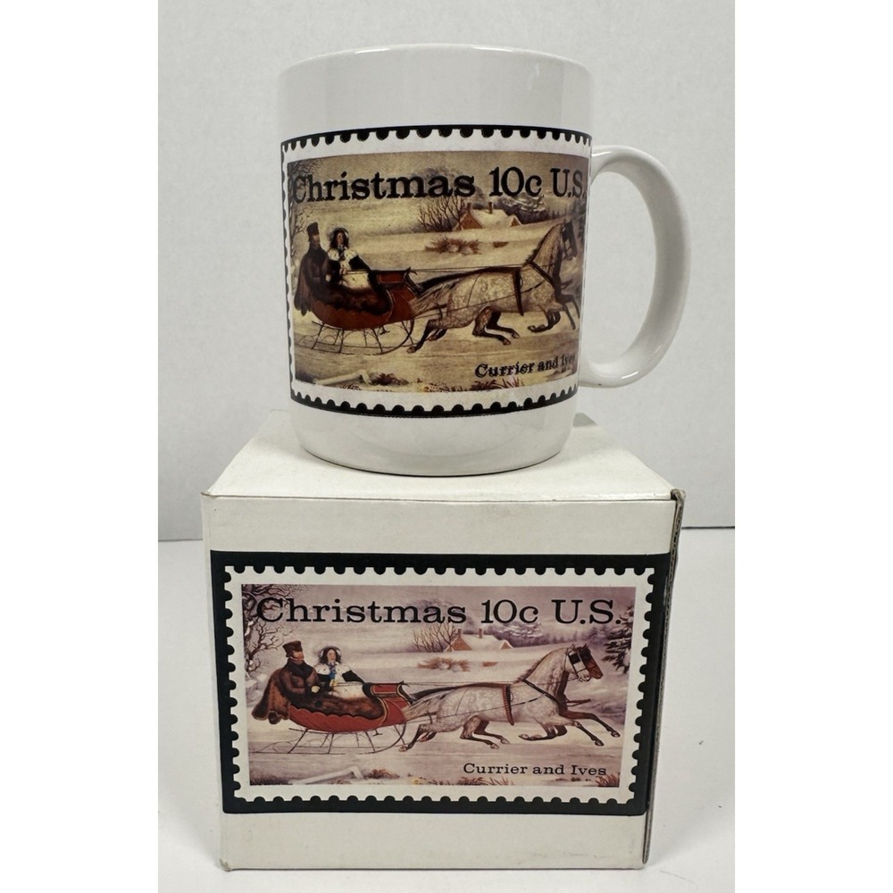 USPS US MAIL 1988 Happy Holidays Currier and Ives Stamp Coffee Mug Collectable